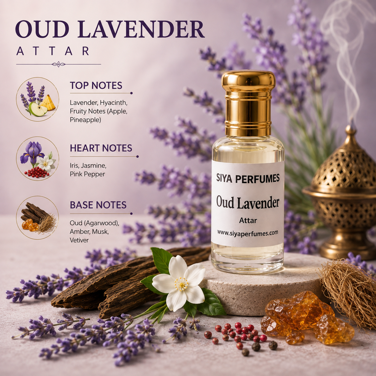 12ml Oudh Lavender Pure Undiluted Perfume Oil / Attar Roll On